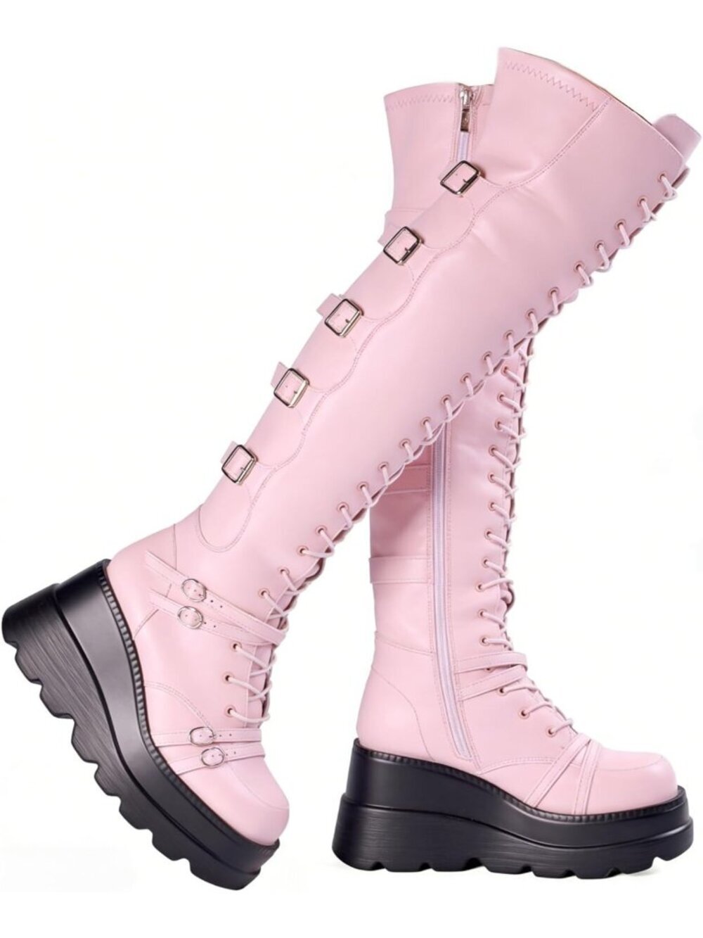 🆕Women's Light Pink Over Knee Thigh High Boot Buckle Side ZIP Chunky Heel Shoes